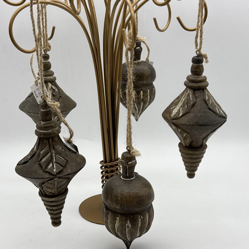 5 Southern Living Wood Christmas Tree Ornament Set Holly Leaves + Acorn Bauble